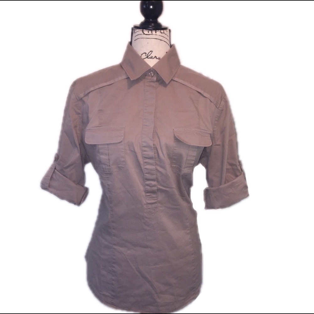 New York & Co Button Up Tan Blouse Sz Large - 0174